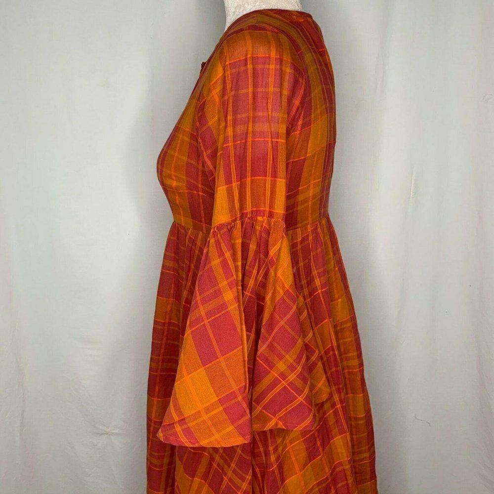 Emberley Downeast Jessica Dress XS Orange Pink Plaid Button Front Bell Sleeves - Picture 3 of 6